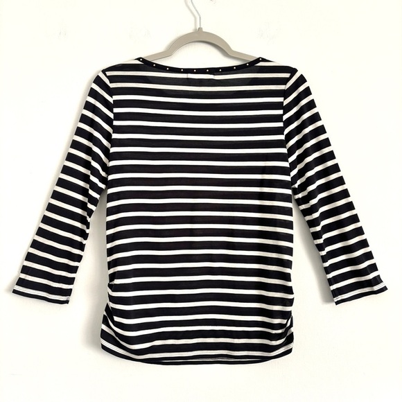 Kumikyoku Blue and White Striped 3/4 Sleeve Top Studded Neckline Size 2 / US M - Picture 9 of 10
